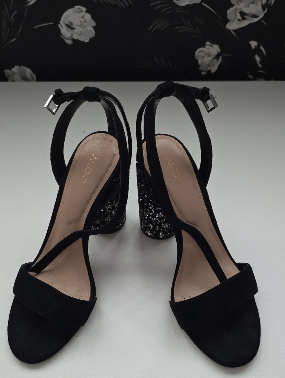 ALDO Black Suede Ankle-Strap Block Heel Sandals with Glitter Heel